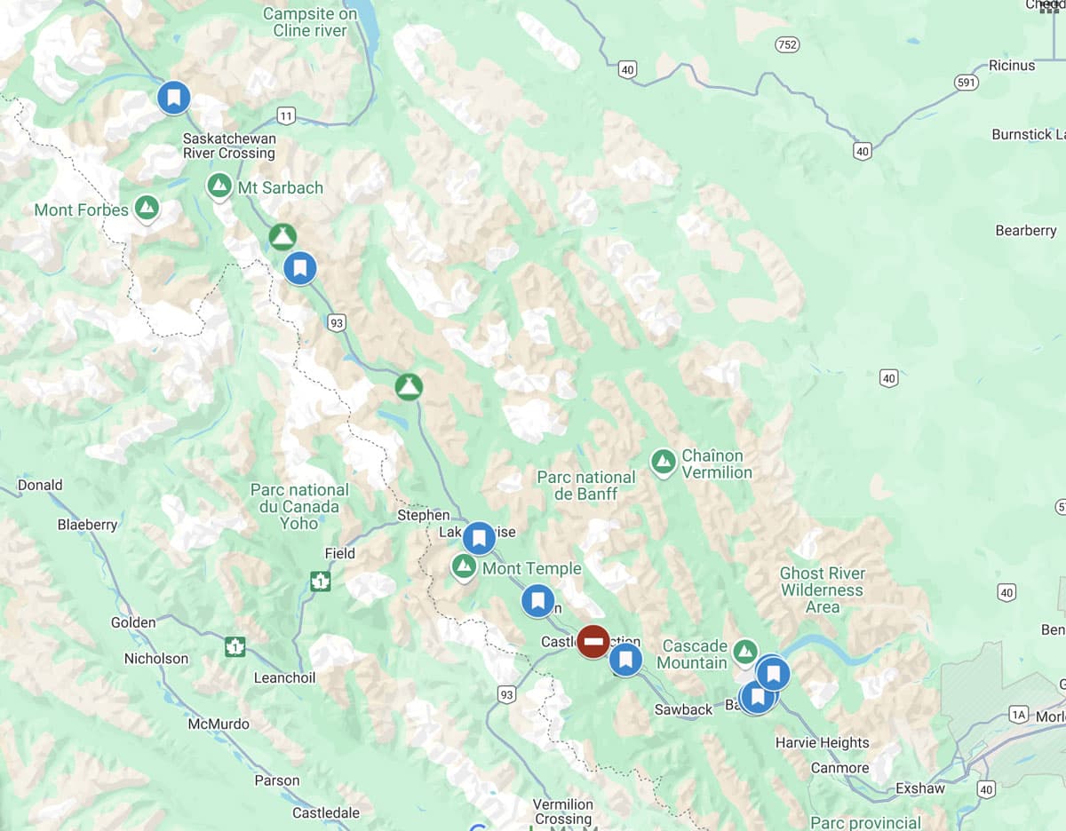Carte des campings dans le parc national de Banff