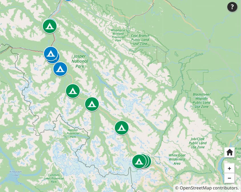 Carte des campings dans le parc national de Jasper