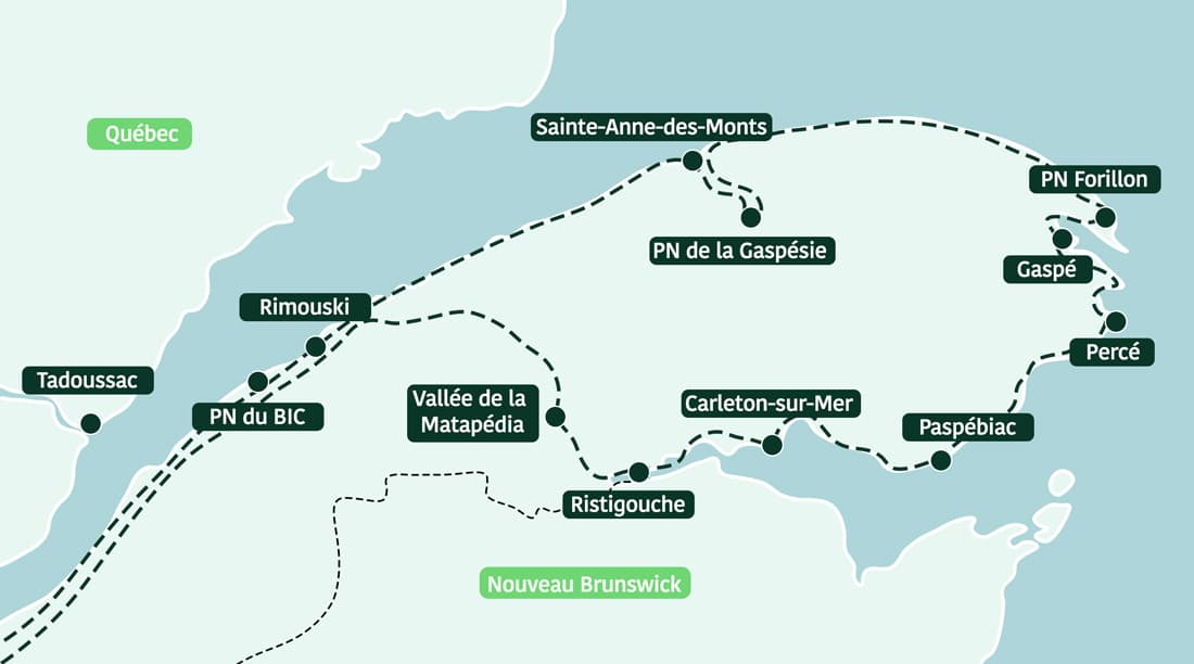 Carte Tour de la Gaspésie en 2 semaines